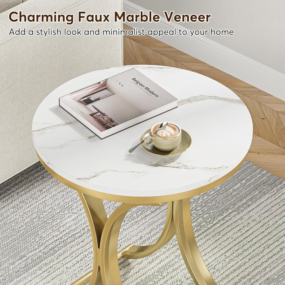 Small Round Sofa Side Table, Faux Marble White and Gold End Table, Contemporary - Picture 5 of 8